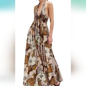 Floral Halter Maxi Dress - Brown and Cream